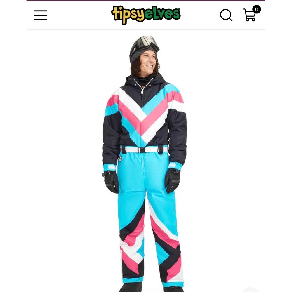 Tipsy Elves Mens Pastel Pro Snow Suit Blue Pink Chevron Ski Snowboard One Piece - Picture 6 of 11